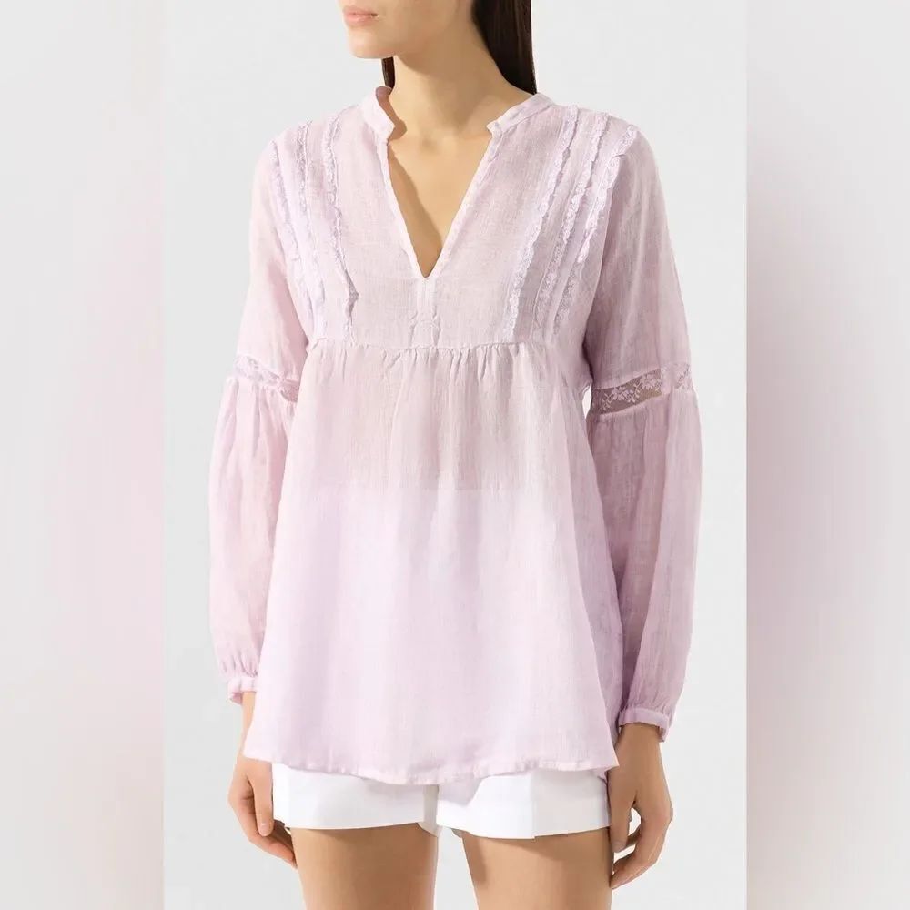 120% Lino Peasant Lace Detailing Long Sleeve Tunic Top In Light Pink Size M